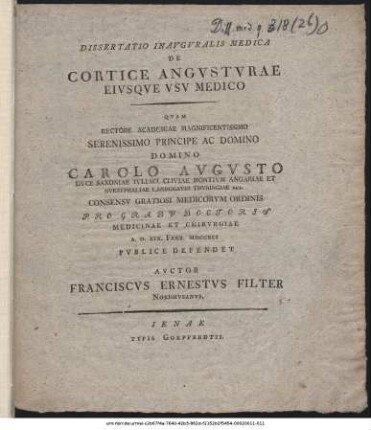 Dissertatio Inavgvralis Medica De Cortice Angvstvrae Eivsqve Vsv Medico