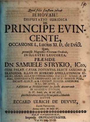 Disputatio Iuridica De Principe Evincente : Occasione L. Lucius XI. D. de Evict.