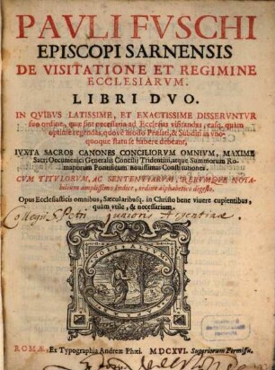 De visitatione et regimine ecclesiarum : libri duo