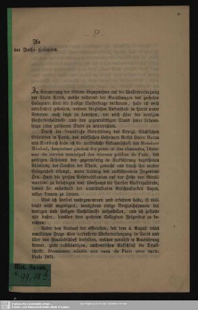An das Raths-Collegium : [Bericht über die Wasserversorgung der Stadt Paris]