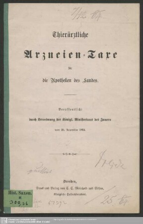1864: Thierärztliche Arzneien-Taxe für die Apotheken des Landes