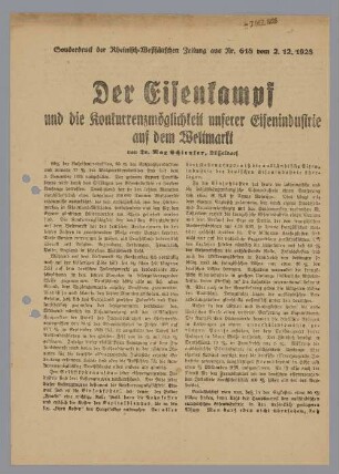 "Der Eisenkampf und die Konkurrenzmöglichkeit unserer Eisenindustrie auf dem Weltmarkt"