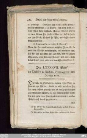 Der LXXXXVII. Brief an Dieselbe, zu Rochers, Sonntag den 12ten October 1671.