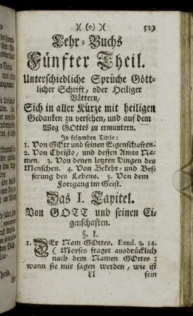 Lehr-Buchs Fünfter Theil. Unterschiedliche Sprüche Göttlicher Schrift, oder Heiliger Vättern,...