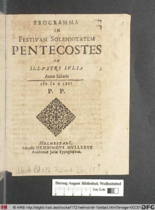 Programma In Festivam Solennitatem Pentecostes In Illustri Iulia : Anno Salutis MDCLXVI P.P.