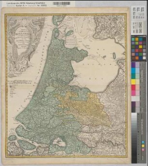 Holland (Grafschaft/Provinz) Übersichtskarte Tabula comitatus Hollandiae 1733 4 dt. Meilen = 9,8 cm 56 x 48 farb. Kupferstich: Homanns Erben, Nürnberg B I Nr. 15