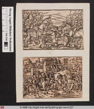Kämpfende Reiter, bewaffnet mit Lanzen, und gefallene Soldaten bei einer Schlacht zwischen feindlichen Truppen.