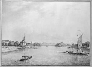 Die Elbe bei Schloß Pillnitz, Kirche Maria am Wasser in Hosterwitz und Blick zur Sächsischen Schweiz : Dresden-Pillnitz, Fähre, Aquarell