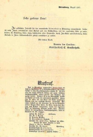 Aufruf zur Erhaltung des Römerbades in Weinsberg von Stadtschultheiß C. Seufferheld