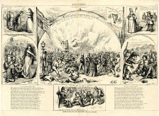 Something that will not "blow over" - July 11 and July 12, 1871 : die Zeichnung besteht aus 2 Textblöcken und 7 Bildern, von denen eines beschrieben wird: Katholischer Mob, dargestellt durch Iren, greift protestantische Iren, europäische Staatsoberhäupter, Afroamerikaner, Chinesen und Indianer an. Uncle Sam zieht den Säbel, um die Opfer zu verteidigen