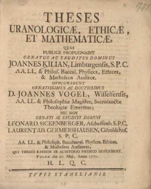 Theses uranologicae, ethicae, et mathematicae