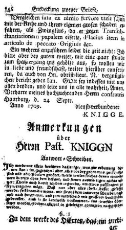 Anmerkungen über Herrn Pst. Kniggen Antwort-Schreiben
