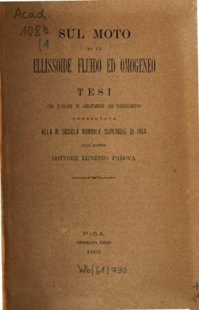 Annali della Scuola Normale Superiore di Pisa, Classe di Scienze Fisiche e Matematiche. 1, 1. 1871. - 1869/71