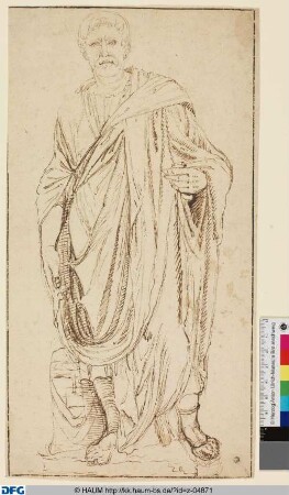 Ganzfigurenstudie eines Mannes mit Geldsack in der Hand