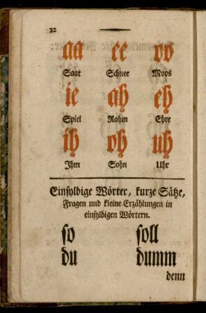 Einsylbige Wörter, kurze Sätze, Fragen und kleine Erzählungen in einsylbigen Wörtern.