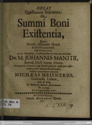 Decas quaestionum ethicarum de summi boni existentia