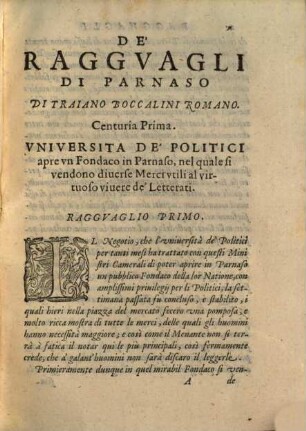 De' Raggvagli Di Parnaso. Di Traiano Boccalini Romano : Centuria Prima