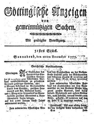 51stes Stück. Sonnabend, den 20ten December 1777.