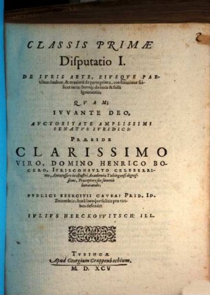 Classis I. disp. I. de iuris arte, eiusque partibus duabus