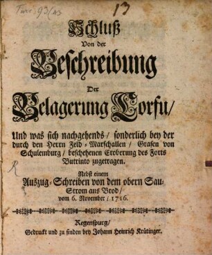 Schluß von der Beschreibung der Belagerung Corfu