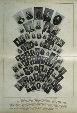 Porträtsammlung von Ensemblemitgliedern der Dresdner Hofkapelle (Kgl. Sächsische Musikalische Kapelle) unter Musikdirektor Ernst Schuch. Tafel mit Fotografien aus: Kohut, Adolph: Das Dresdner Hoftheater in der Gegenwart. Dresden und Leipzig: E. Pierson's Verlag, 1888. Dresden: SLUB Hist.Sax G.949
