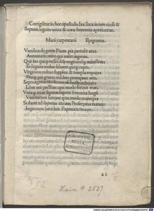 Correctiones septuaginta locorum in iure civili : mit Widmungsbrief des Autors an Johannes Franciscus Aldrovandus, 31.8.[1495]
