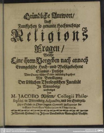 Antwort auf XV Religions-Fragen