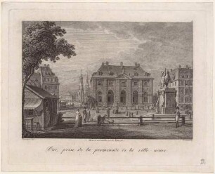 Der Neustädter Markt in Dresden nach Süden mit dem Reiterstandbild August des Starken (Goldener Reiter), der Neustädter Wache (Blockhaus), Augustusbrücke und Altstadt, aus Rittners Dresden mit seinen Prachtgebäuden um 1810
