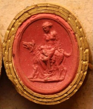 Hygieia, auf einem Hund sitzend