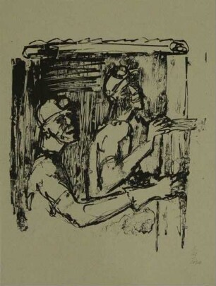 Druckgrafik einer Tuschezeichnung, Bergleute beim Stempelsetzen (Titel alter Karteikarte)