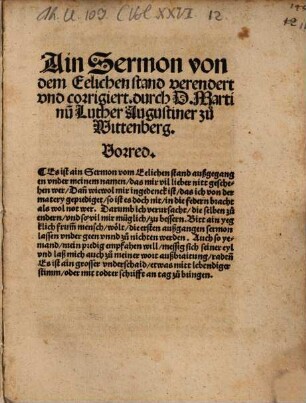 Ain Sermon von dem Eelichen stand : verendert vnd corrigiert