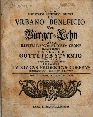 Diss. hist. iur. de urbano beneficio, vom Bürger-Lehn