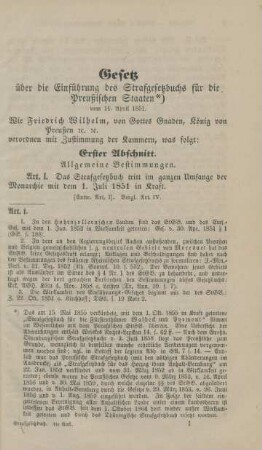I. Gesetz über die Einführung des Strafgesetzbuchs für die Preußischen Staaten vom 14. April 1851.