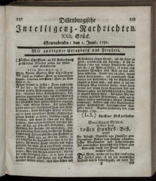 XXII. Stück. Sonnabends: den 2. Junii 1781.