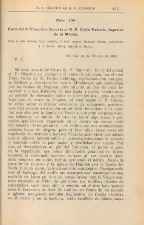 Núm. 136. Carta del Francisco Sánchez al R. P. Pablo Pastells, Superior de la Misión
