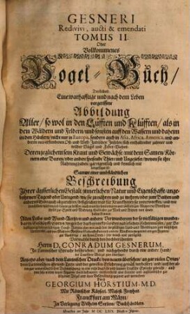 Gesnerus Redivivus auctus & emendatus, 2. Gesneri redivivi aucti et emendati ... oder Vollkommenes Vogel-Buch