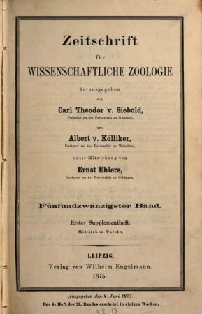 Zeitschrift für wissenschaftliche Zoologie. 25,[3] = Supplementbd. 1875