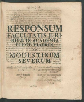 Responsum Facultatis Iuridicae in Academia Elect. Viadrin. Ad Modestinum Severum.
