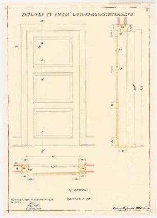 Weinbergwächterhaus: Zimmertür: Grundriss, Ansicht, Schnitt 1:10