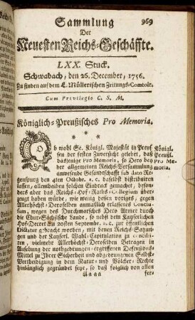 LXX. Stuck. Schwabach, den 26. December, 1756.