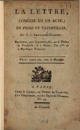 La lettre : Comédie en un acte, en prose et vaudeville