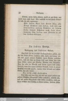 Die sechste Predigt. Auslegung des sechsten Gebots.
