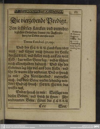 Die vierzehende Predigt. Von sechserley starcken und unwiderleglichen Gründen, damit die Aufferstehung der Todten erwiesen wird
