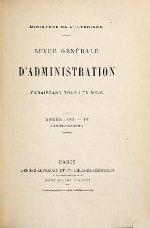 Revue générale d'administration. 7. 1880 = Jan. - Apr.