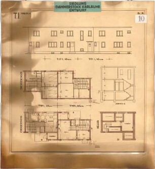 Billing, Hermann; Karlsruhe - Dammerstock; Siedlung Dammerstock - Ansicht; Grundriss Keller; Grundriss EG; Grundriss 1. OG; Grundriss DG