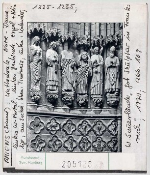 Amiens, Kathedrale: Firminportal (linkes Westportal), linkes Gewände: Engel und Heilige, Tierkreis am Sockel