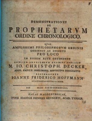 Demonstrationes De Prophetarvm Ordine Chronologico
