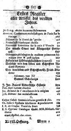 Erstes Register aller Artickel des vierdten Jahres.