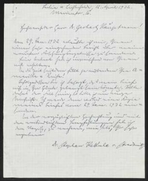 Brief von Stephan Kekulé von Stradonitz an Gerhart Hauptmann