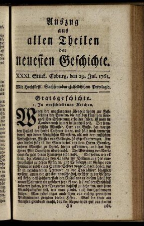 XXXI. Stück. Coburg, den 29. Jul. 1761.